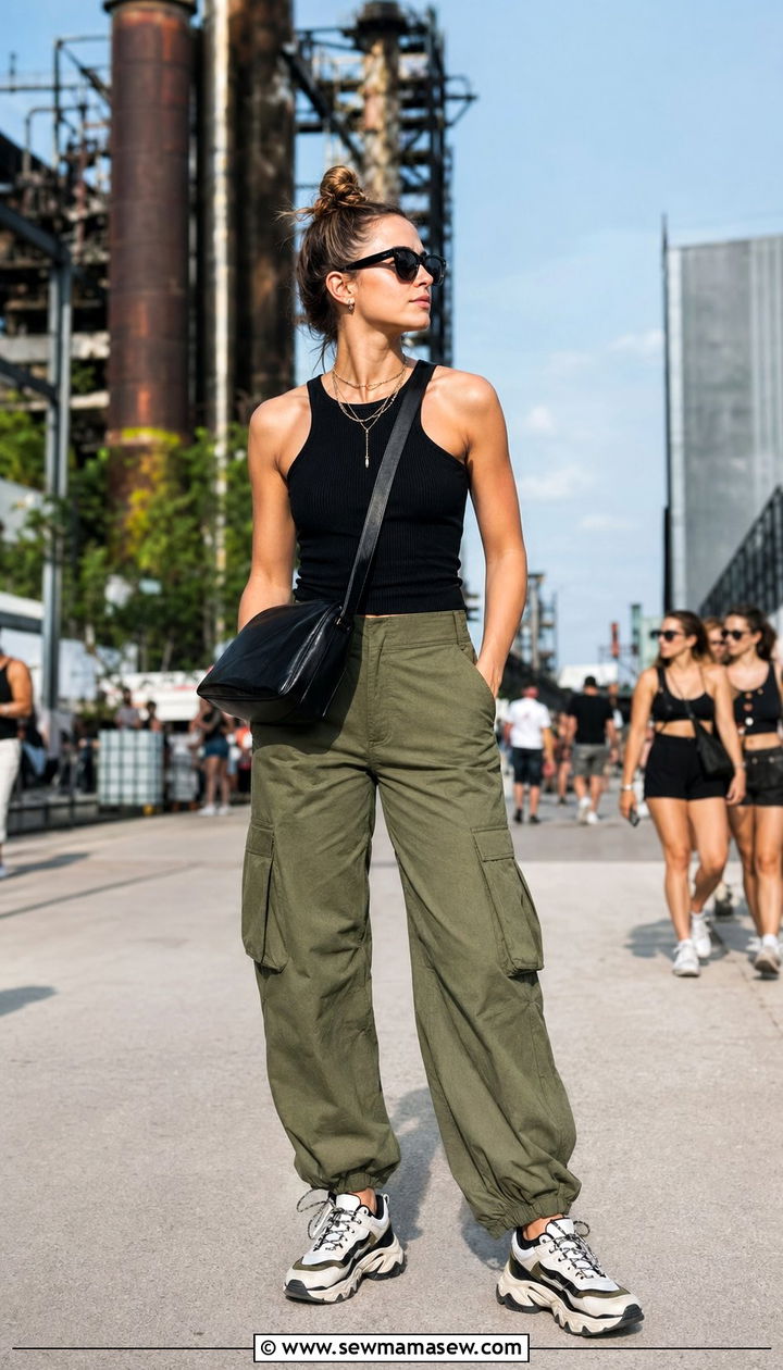 Cargo Pants with Ribbed Tank and Chunky Sneakers - 30 What to wear to a spring festival