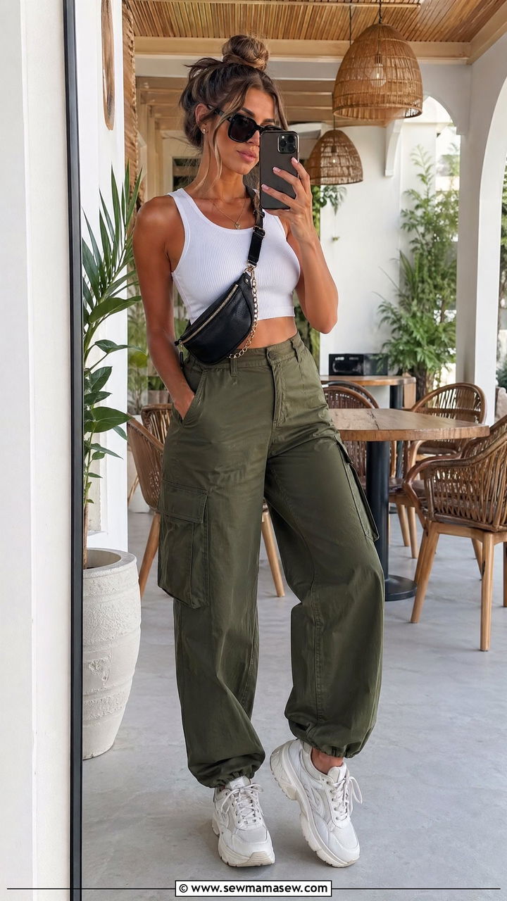 Cargo Pants with a Cropped White Tank - 35 what to wear to brunch