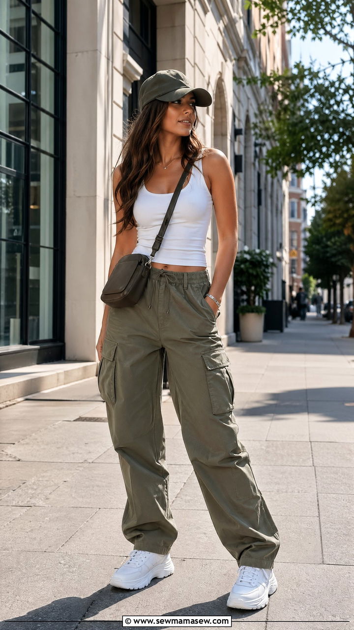 Cargo Pants with a Fitted White Tank and Chunky Sneakers - 35 summer outfit ideas casual