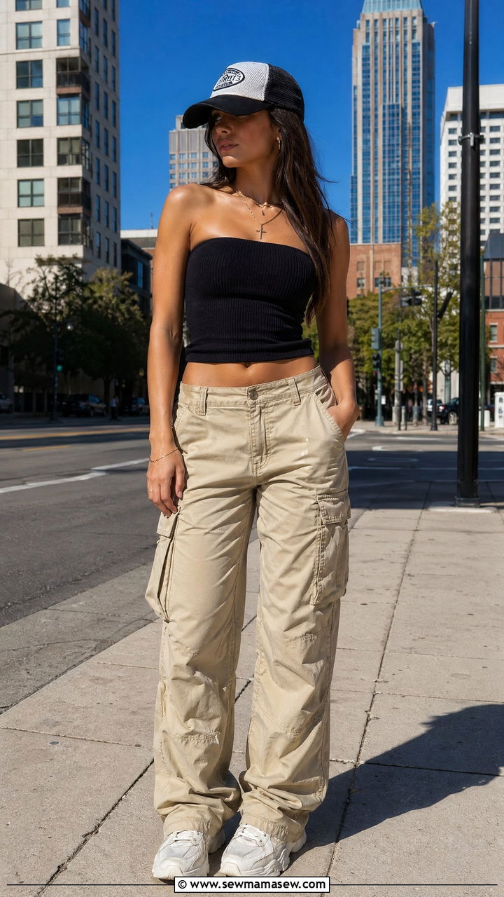 Cargo Pants with a Tube Top and a Trucker Hat - 35 y2k outfits for women