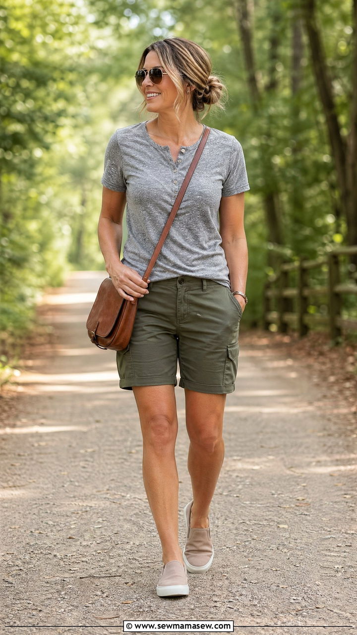 Cargo Shorts with Henley Tee Summer Outfit Over 40 - 35 summer outfit ideas for women over 40