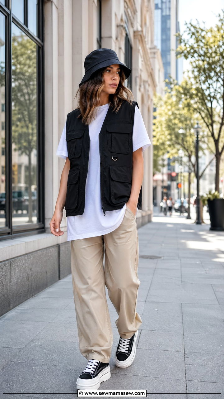 Cargo Vest Over a Longline Tee And Relaxed Pants - 35 Streetwear outfit ideas