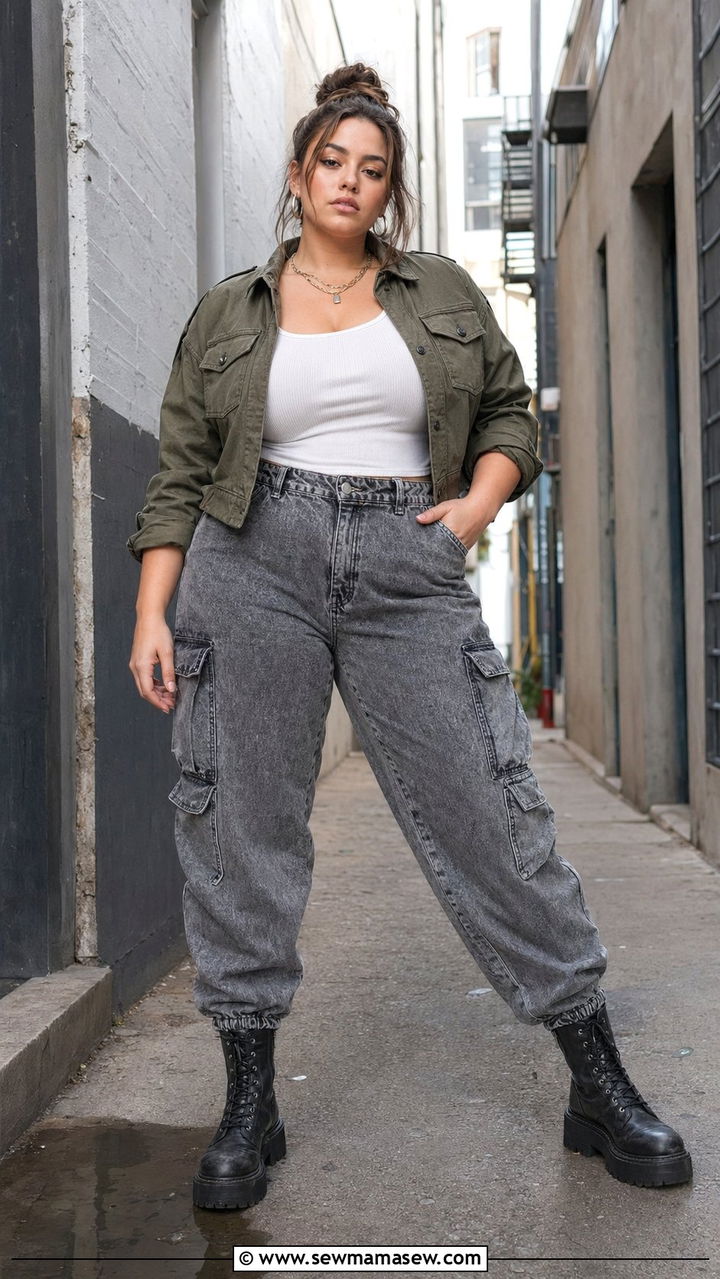 Cargo jeans with a fitted white tank and combat boots - 30 Best jeans for plus size