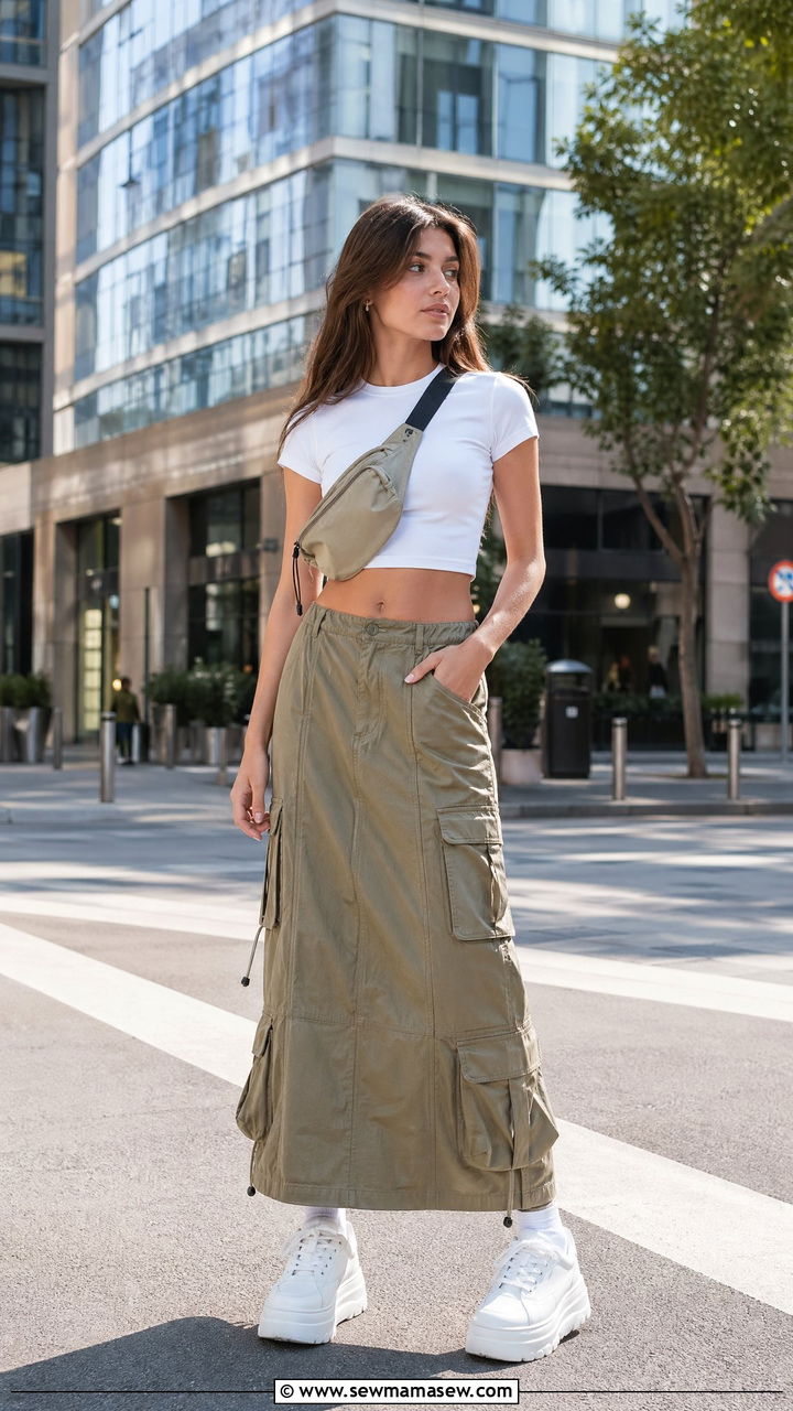 Cargo maxi skirt with a crop top and sneakers - 35 Spring outfits for teens