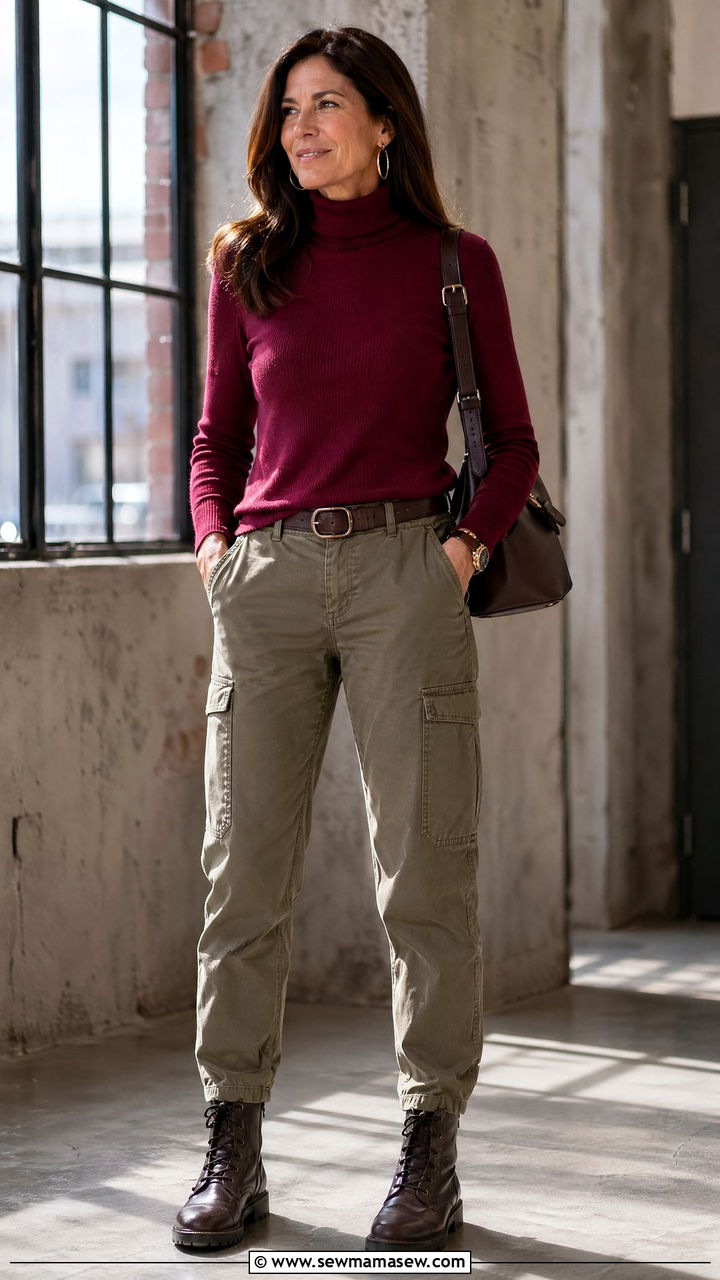 Cargo pants and a fitted turtleneck - 35 Casual outfits for women over 40