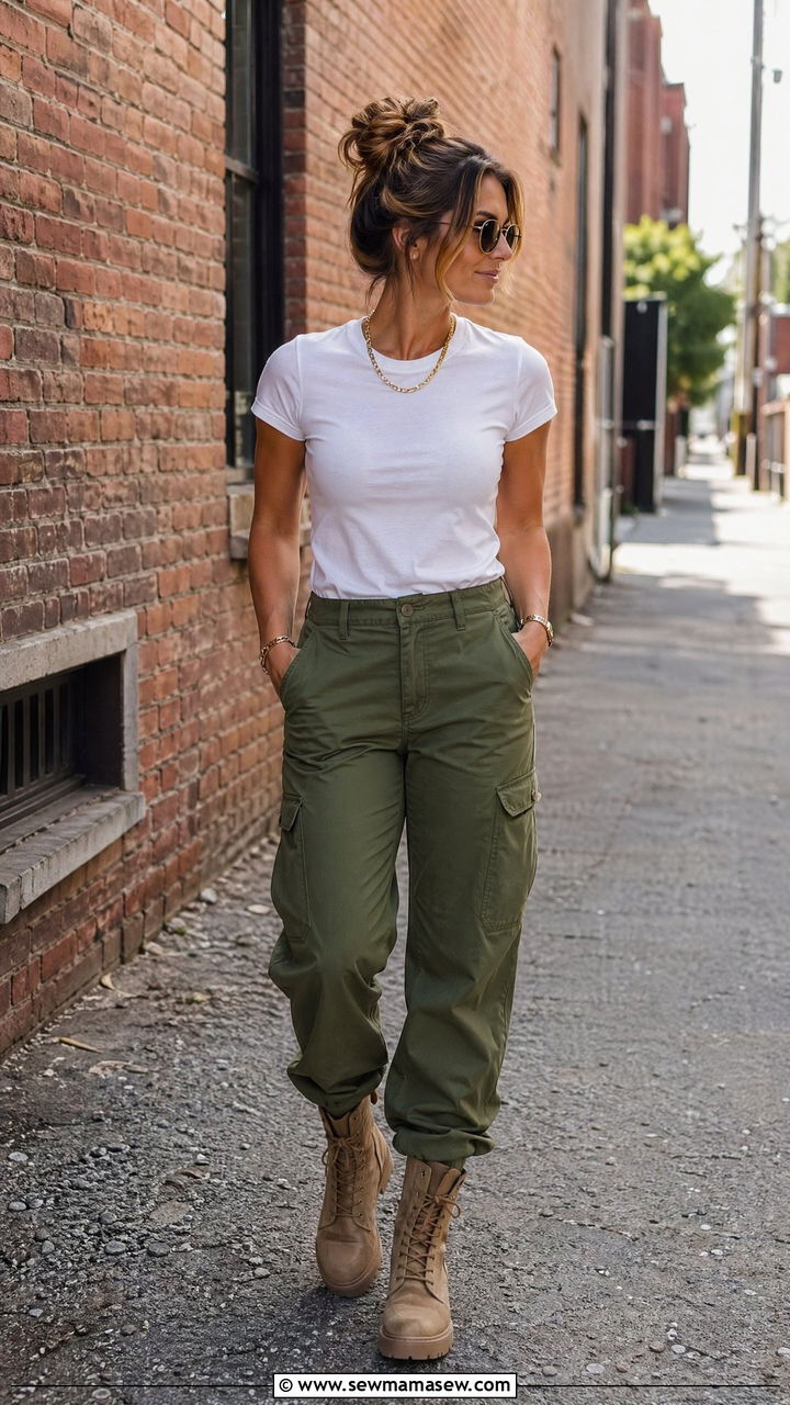 Cargo pants and fitted tee outfit - 35 Comfy outfits for moms