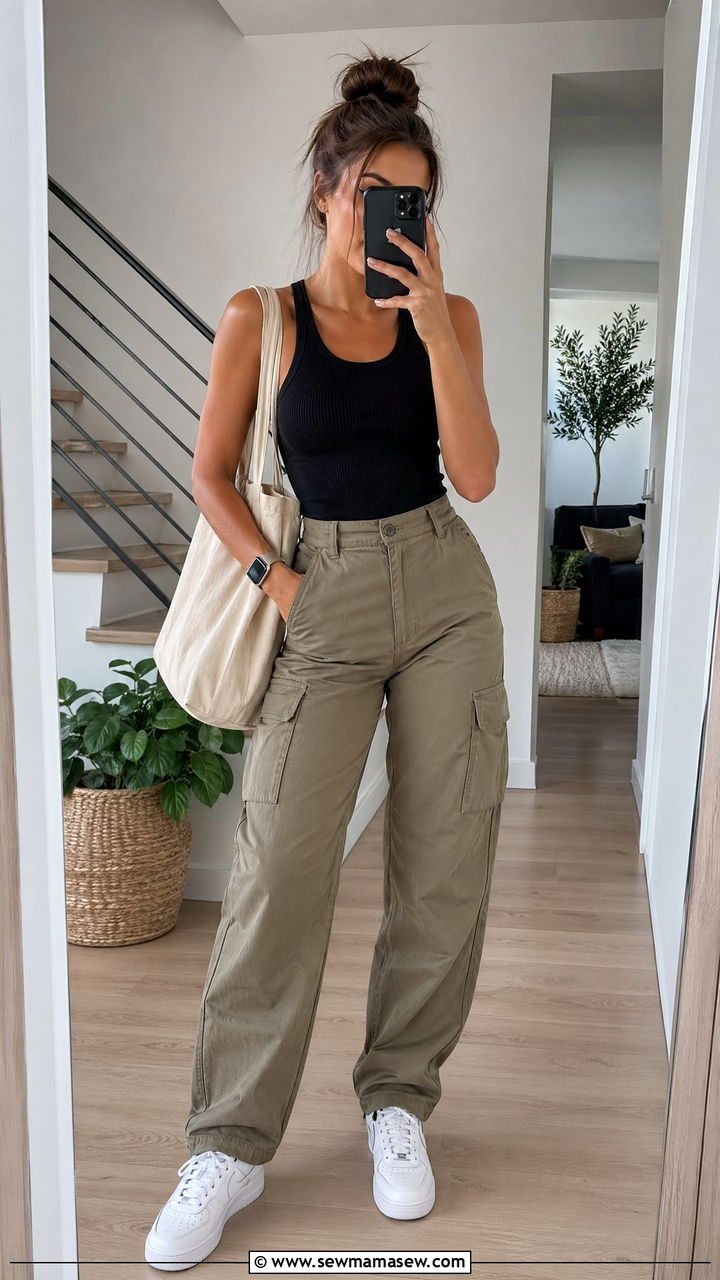 Cargo pants with fitted tank top outfit - 35 Sporty chic outfit ideas