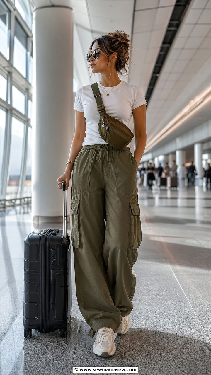 Cargo pants with fitted tee and sneakers long flight - 40 Long flight outfit ideas
