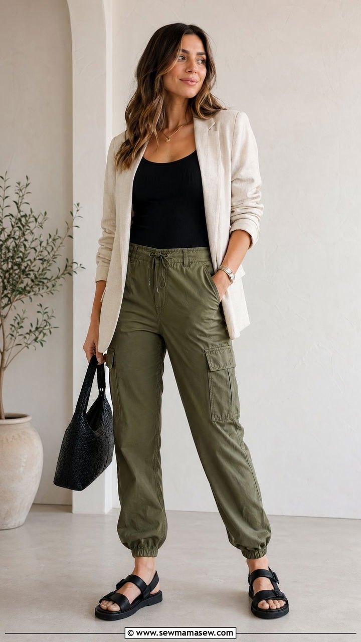 Cargo pants with ribbed tank and casual blazer - 35 spring outfits for new moms