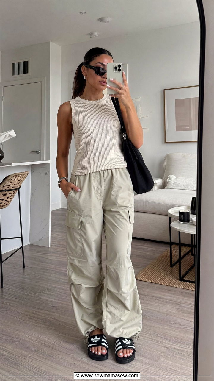 Cargo pants with sleeveless knit top - 35 summer outfits for moms