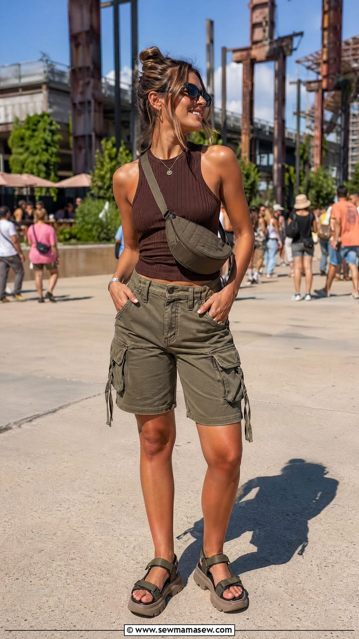 Cargo shorts and ribbed tank outfit - 35 summer comfy outfit ideas