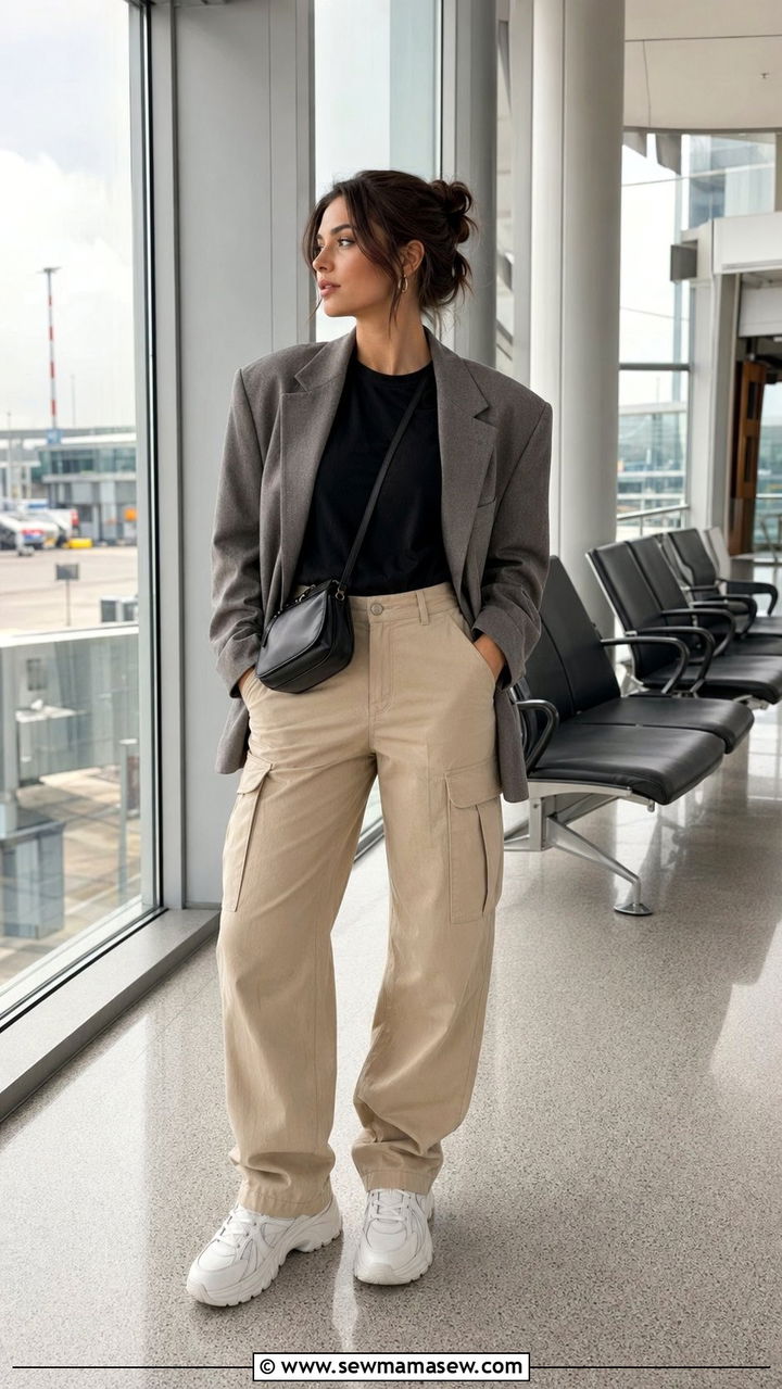 Cargo trousers and black tee travel outfit - 30 Airport outfit ideas Parisian