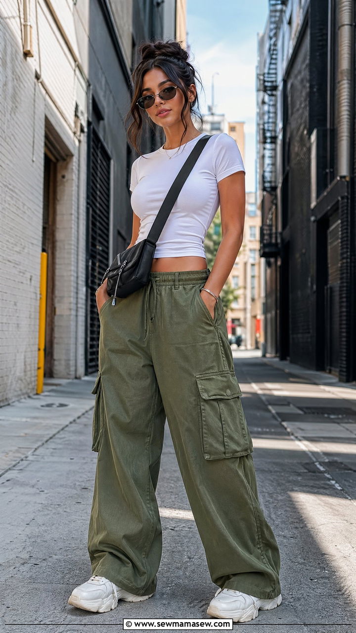Cargo wide leg pants with fitted tee and sneakers - 35 wide leg pants outfits