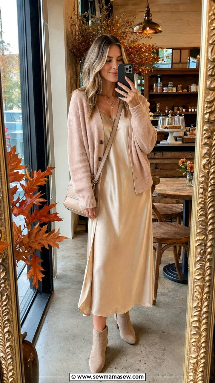 Cashmere Cardigan Over A Slip Dress With Ankle Boots - 35 Romantic outfit ideas