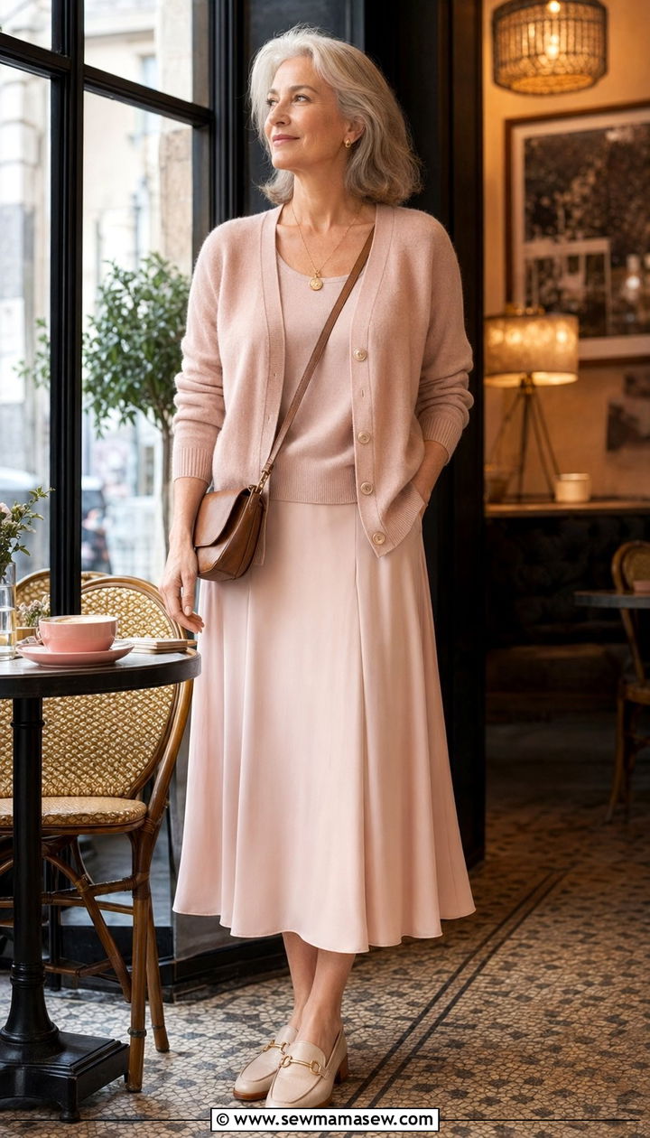 Cashmere Cardigan With Midi Skirt - 35 Outfit ideas for women over 75