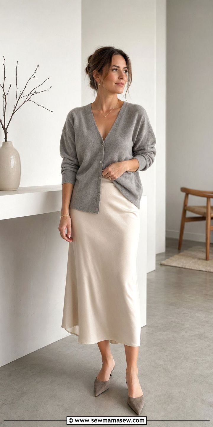 Cashmere Cardigan and Silk Skirt Outfit - 35 scandinavian outfits for women