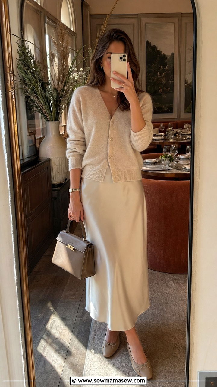 Cashmere Cardigan and Slip Skirt Brunch Look - 35 Old money outfit ideas for brunch