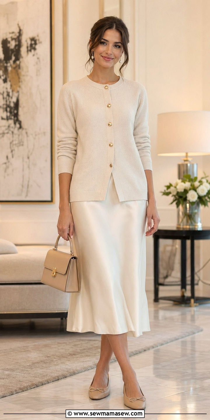 Cashmere Cardigan with Slip Midi Skirt - 35 Old money spring outfits
