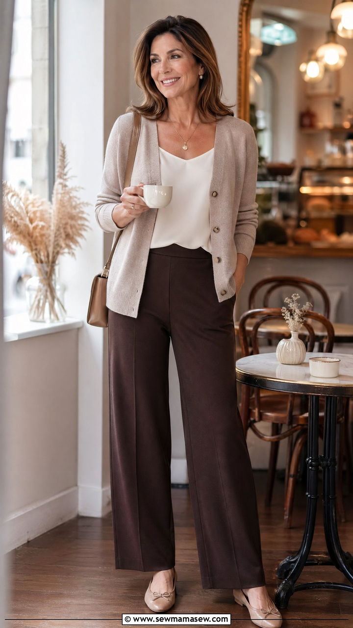 Cashmere Cardigan with Wide Leg Ponte Trousers - 35 Classy outfits for mature women