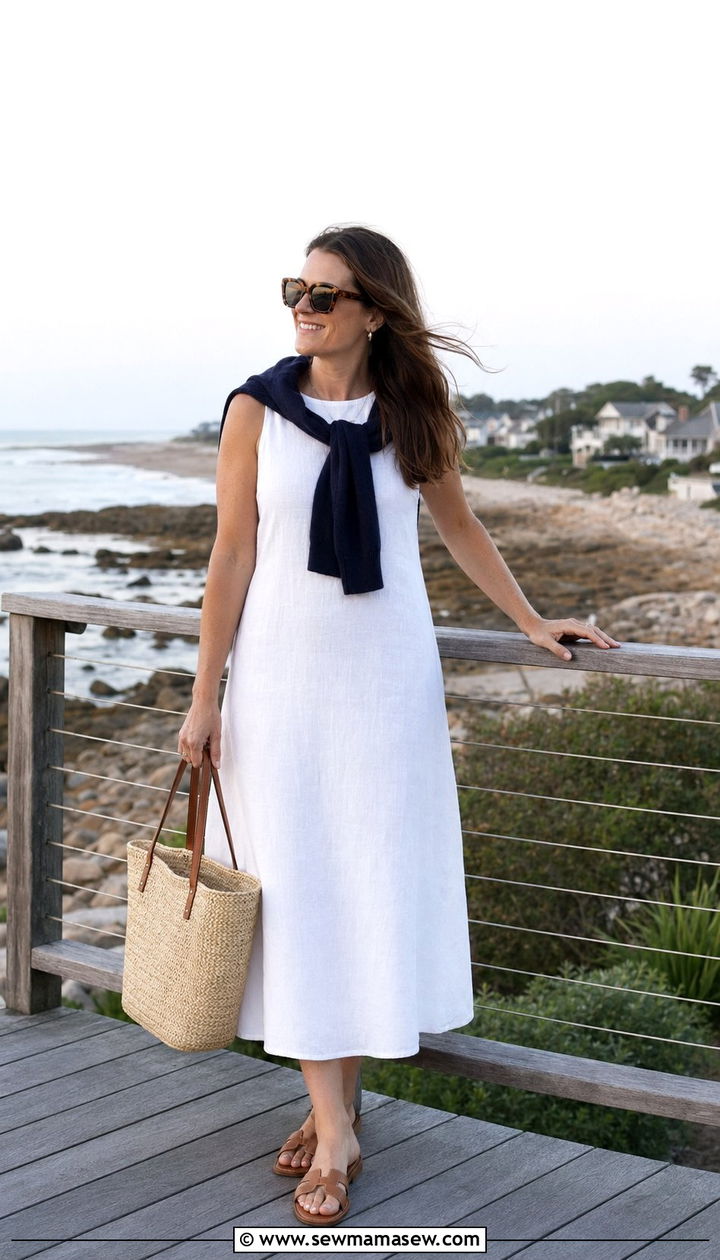 Cashmere Crewneck Sweater Draped Over Shoulders - 35 Old money summer outfits