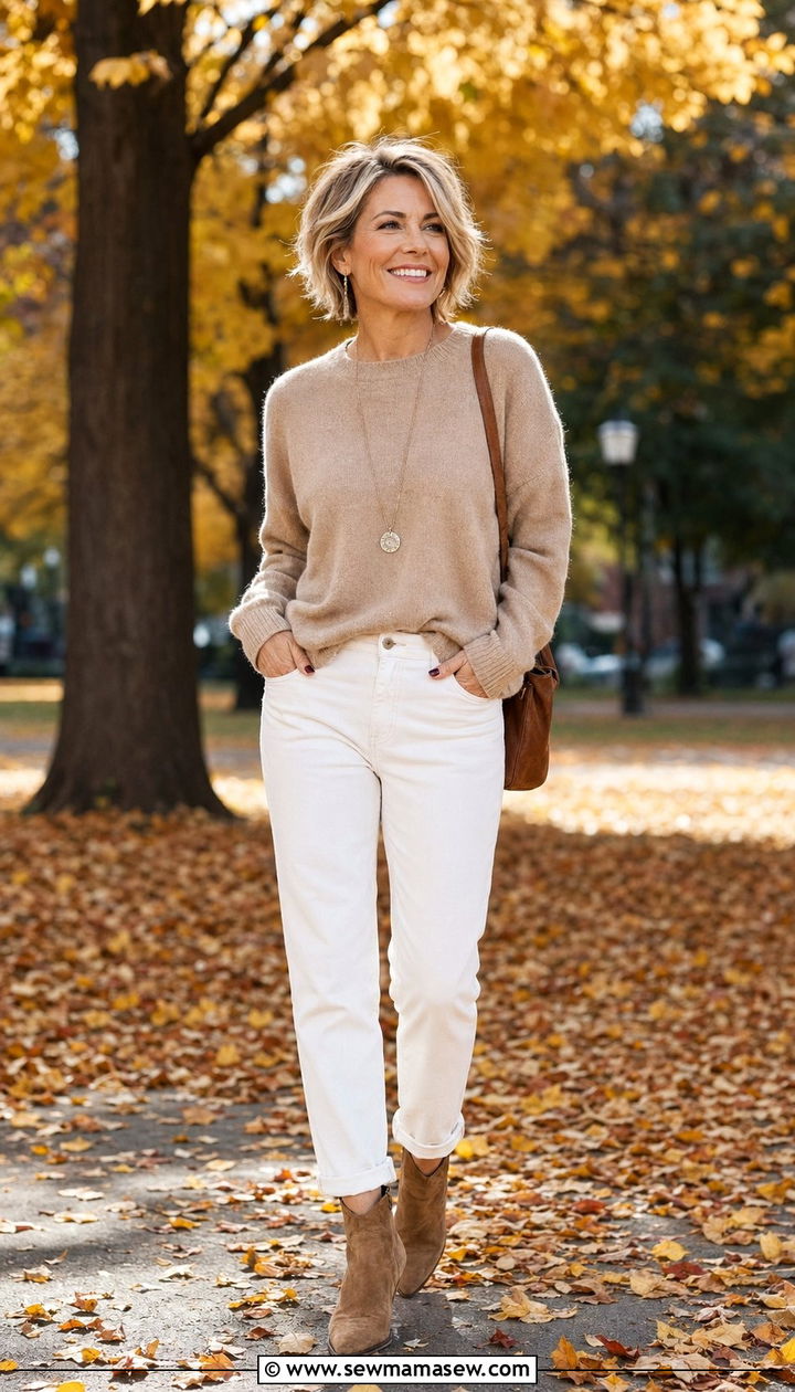 Cashmere Crewneck Sweater With White Mom Jeans - 35 mom jeans outfits for women over 40