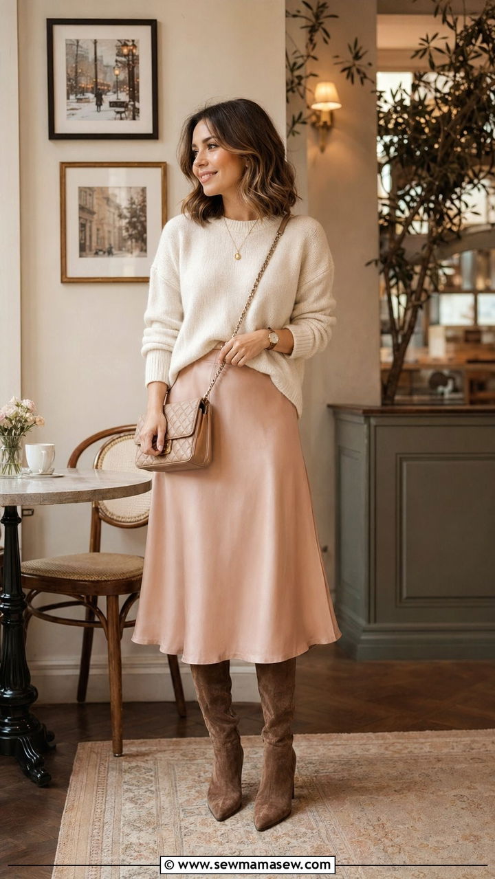 Cashmere Crewneck Sweater with Silk Midi Skirt and Tall Boots - 35 Outfit ideas for short women