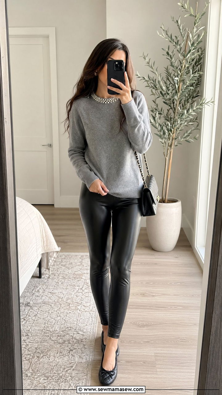 Cashmere Crewneck With Pearl Collar and Faux Leather Leggings - 35 Uptown girl outfit ideas