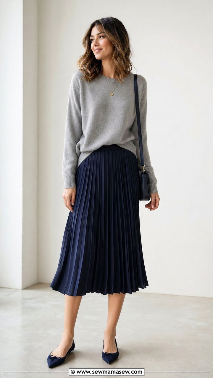 Cashmere Crewneck and Pleated Midi Skirt - 35 Petite outfits for women over 40