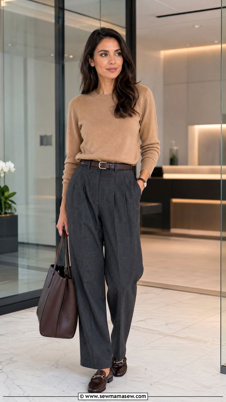 Cashmere Crewneck with Pleated Wool Trousers - 35 classy old money outfit ideas