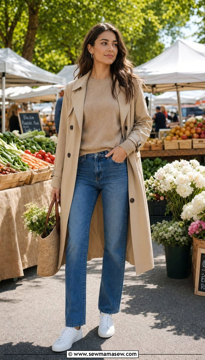 Cashmere Crewneck with Straight Jeans and Trench Coat - 35 Old money outfit ideas for vacation