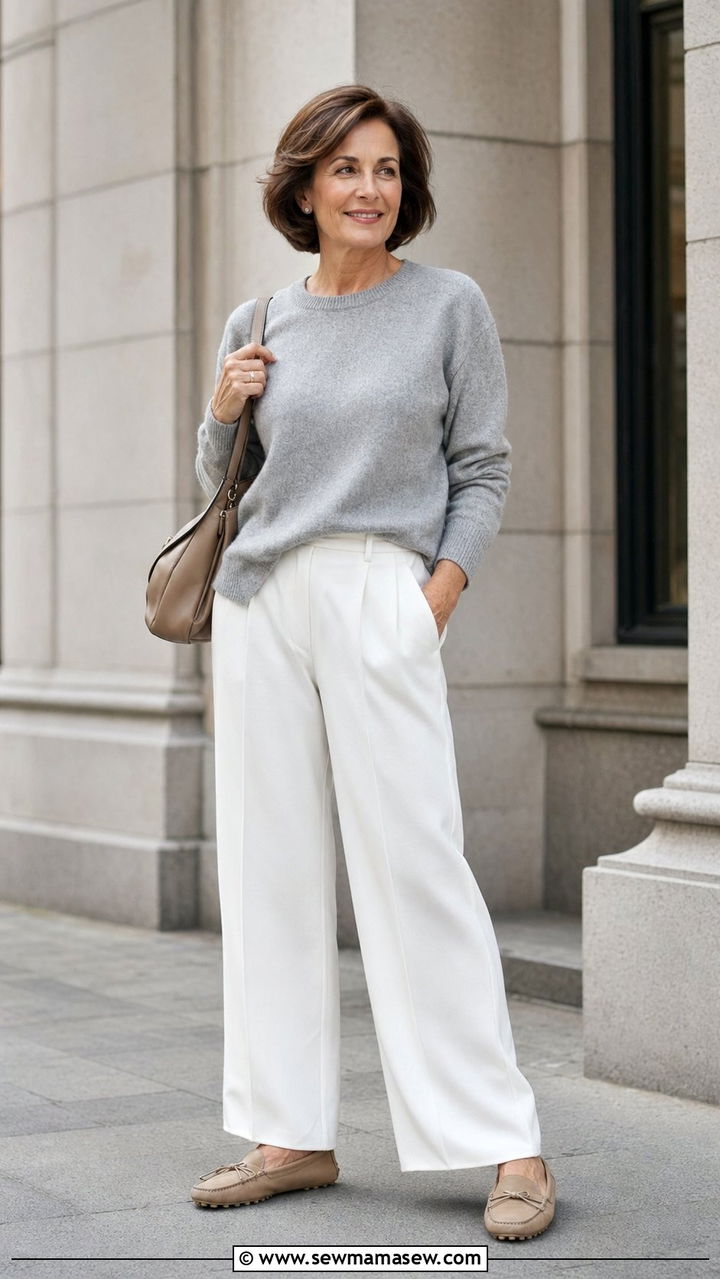 Cashmere Crewneck with White Wide Leg Pants - 35 Petite outfit ideas for women over 60