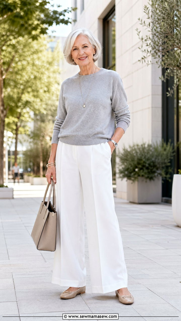 Cashmere Crewneck with White Wide Leg Pants - 35 Casual outfits for women over 60