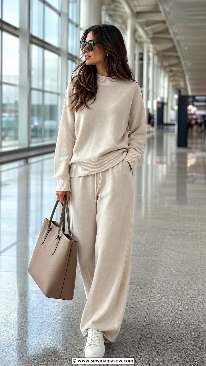 Cashmere Matching Set With White Sneakers - 35 classy airport outfits