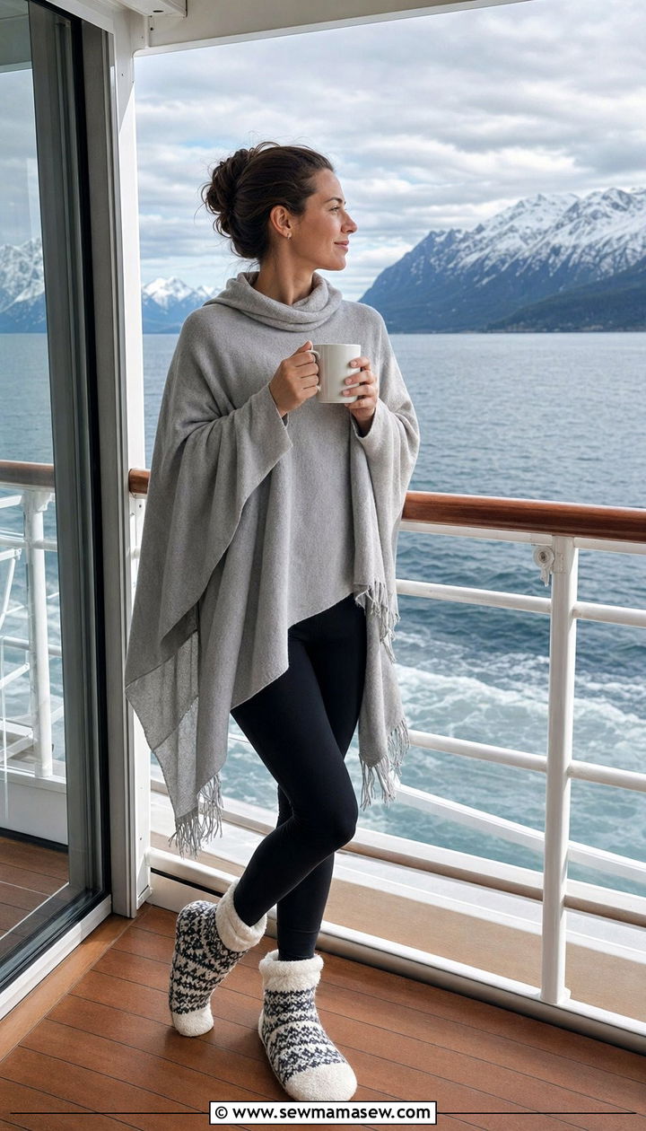 Cashmere Poncho With Leggings And Slipper Socks - 30 Alaska cruise outfit ideas