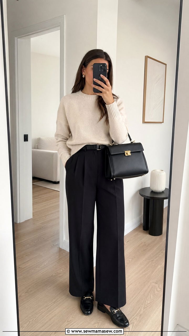 Cashmere Sweater With Black Tailored Trousers And Loafers Outfit - 35 classy casual outfits