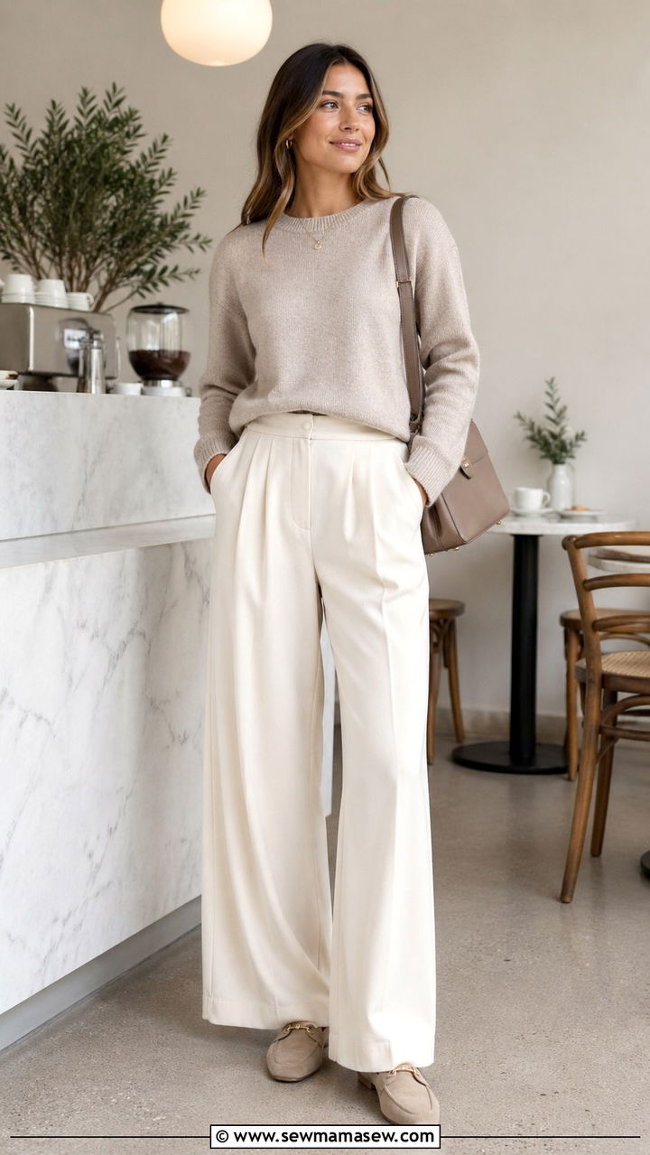 Cashmere Sweater With Cream Trousers - 30 Soft life outfit ideas