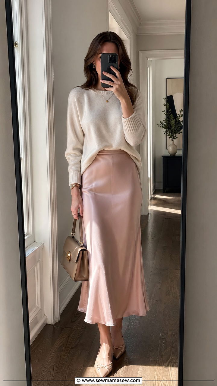 Cashmere Sweater With Satin Midi Skirt and Pointed Toe Flats - 35 what to wear to dinner