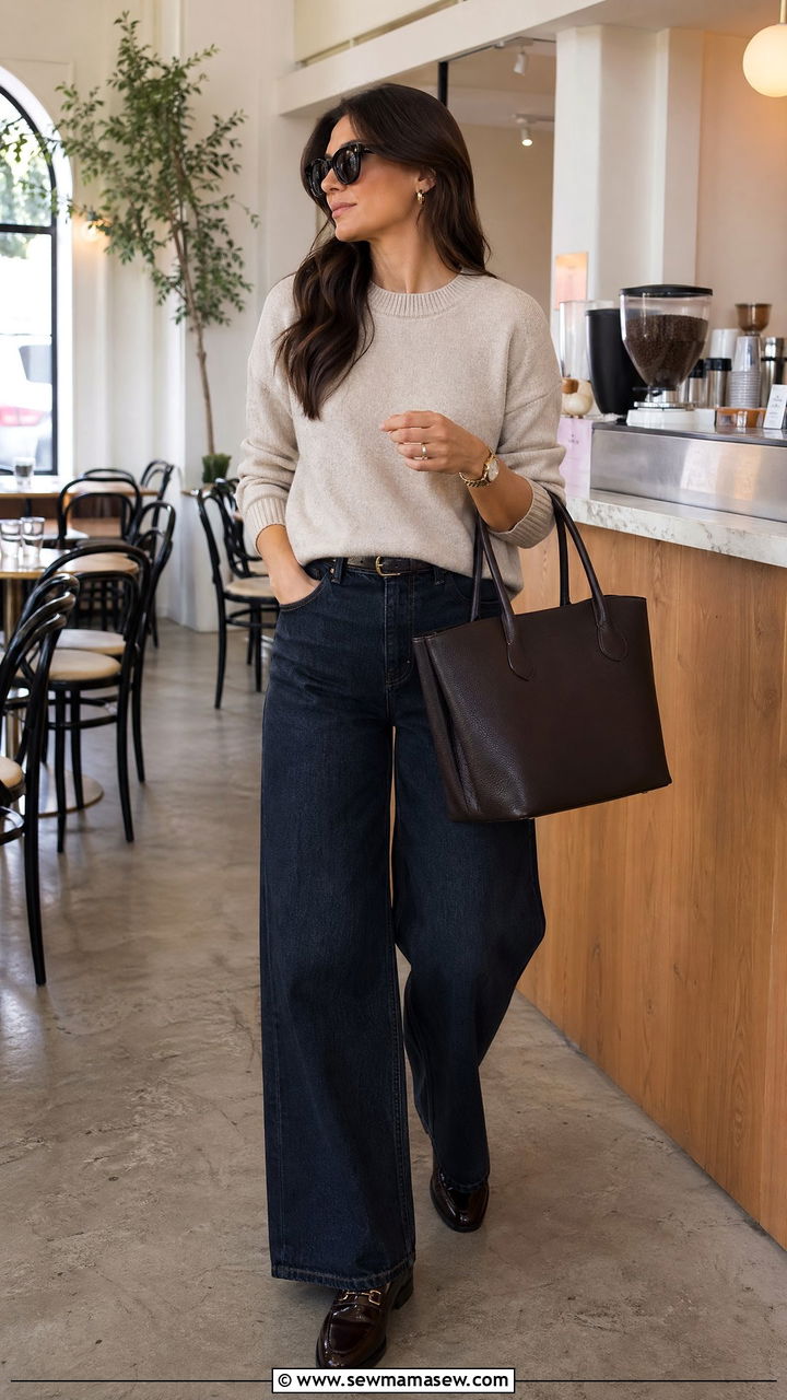 Cashmere Sweater and Loafers with Wide Leg Jeans - 35 wide leg jeans outfits for women