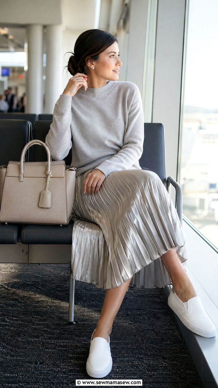 Cashmere Sweater and Pleated Midi Skirt Airport Outfit - 35 classy airport outfit ideas