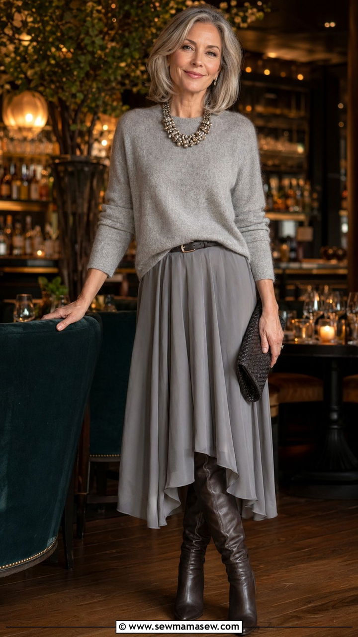 Cashmere Sweater with Midi Skirt and Tall Boots - 35 Night out outfit ideas women over 50
