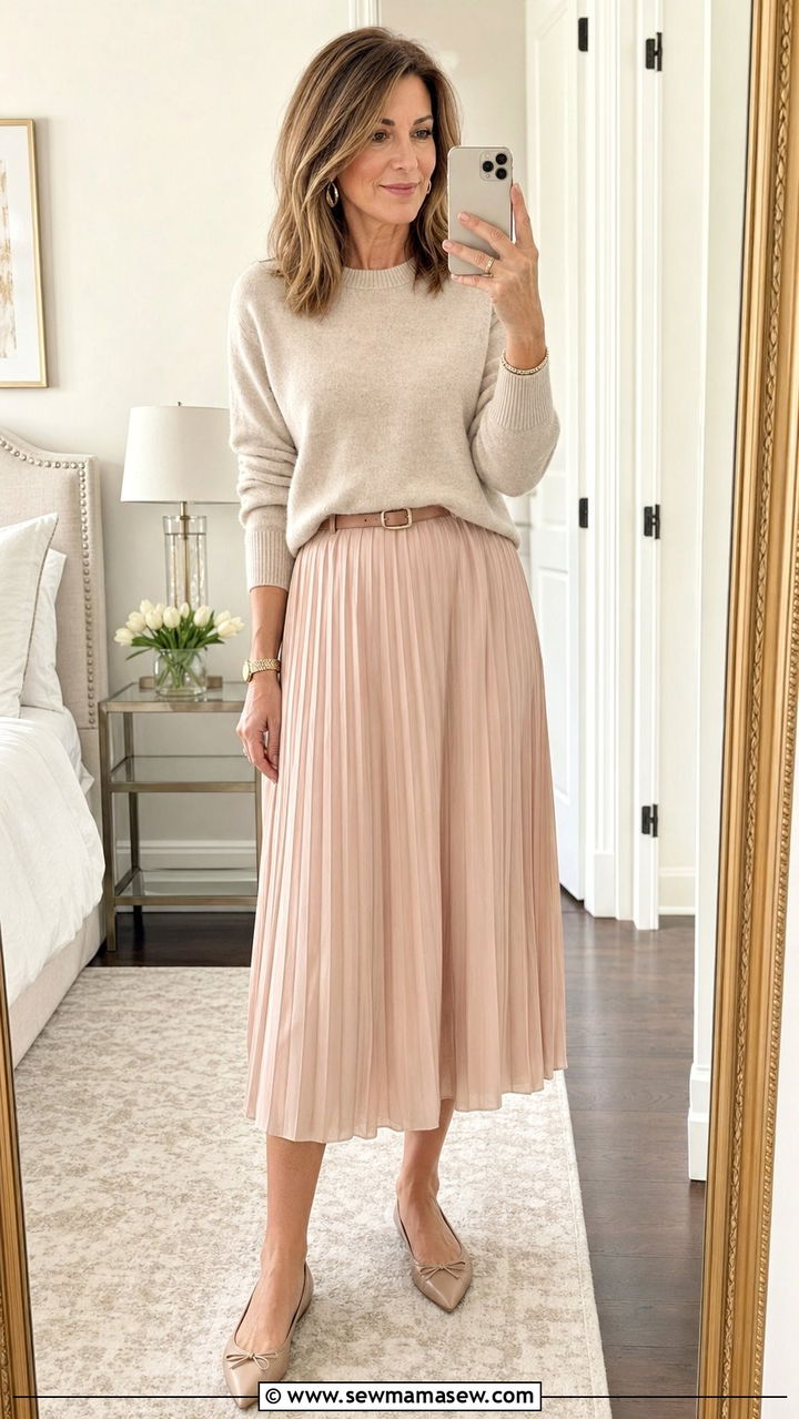 Cashmere Sweater with Pleated Midi Skirt - 35 Old money outfit ideas for women over 40