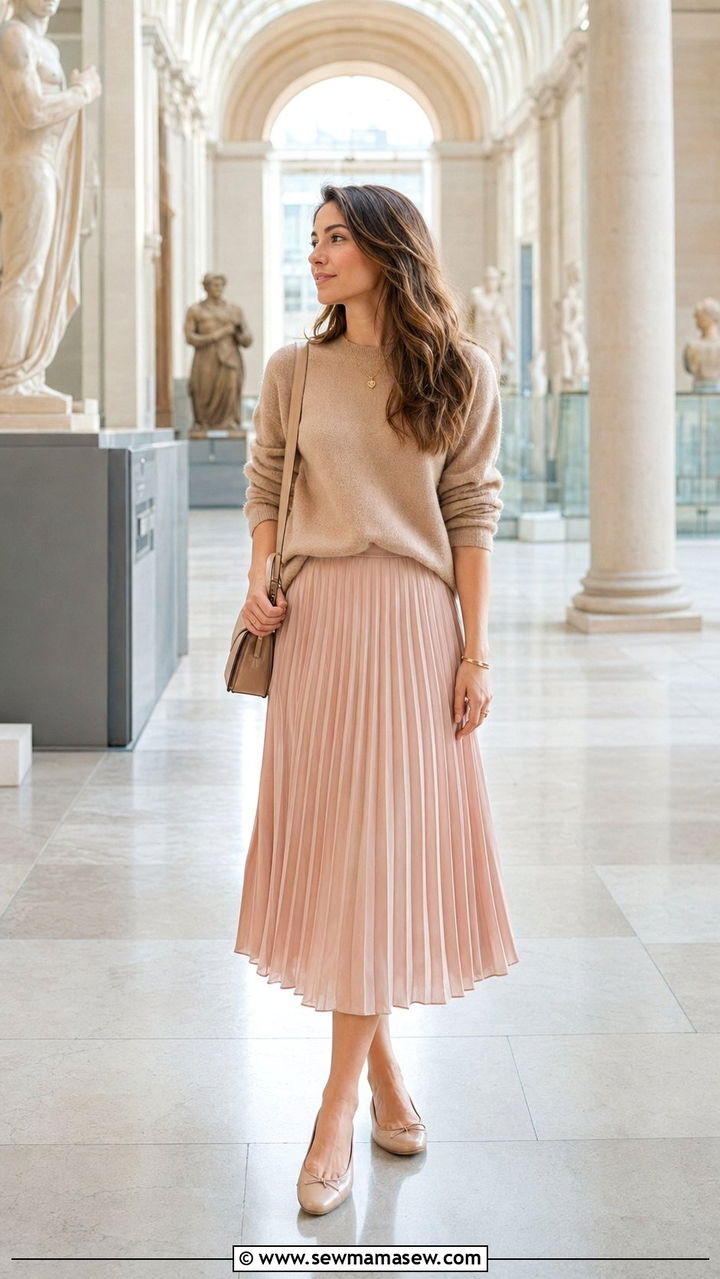 Cashmere Sweater with Pleated Midi Skirt - 35 Old money spring outfits