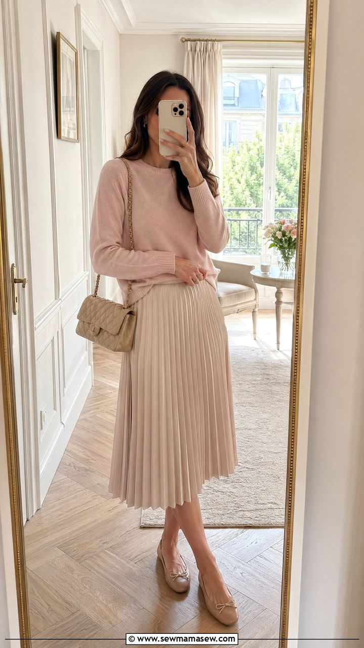 Cashmere Sweater with Pleated Midi Skirt - 35 spring old money outfit ideas