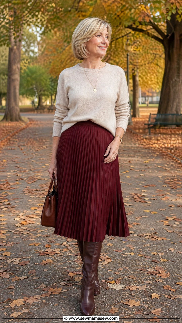 Cashmere Sweater with Pleated Midi Skirt and Knee High Boots - 35 Classy outfit ideas for women over 50