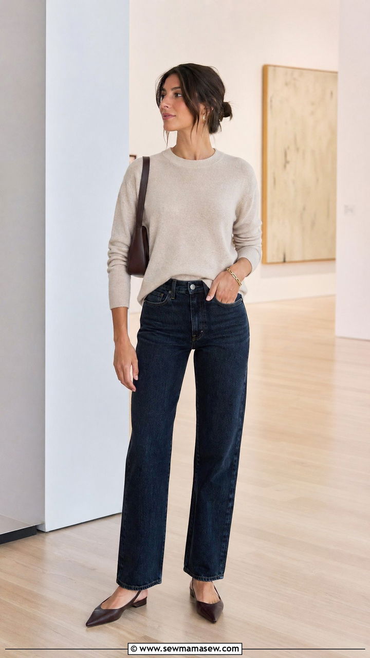 Cashmere Sweater with Straight Leg Jeans and Pointed Toe Flats - 35 casual straight leg jeans outfits