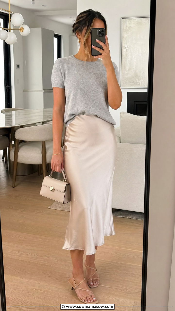 Cashmere Tee With Satin Midi Skirt - 35 Cold summer outfits
