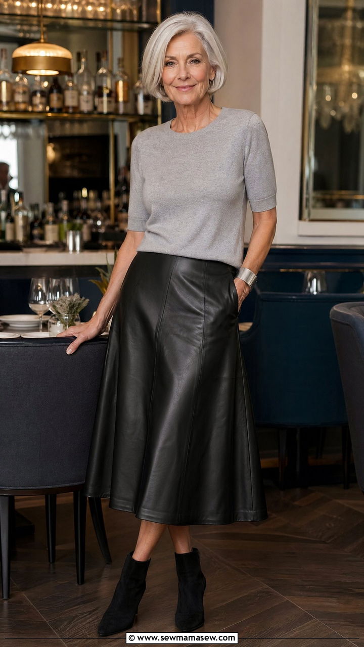 Cashmere Tee With a Black Leather A Line Midi Skirt - 35 Skirt outfit ideas for women over 60