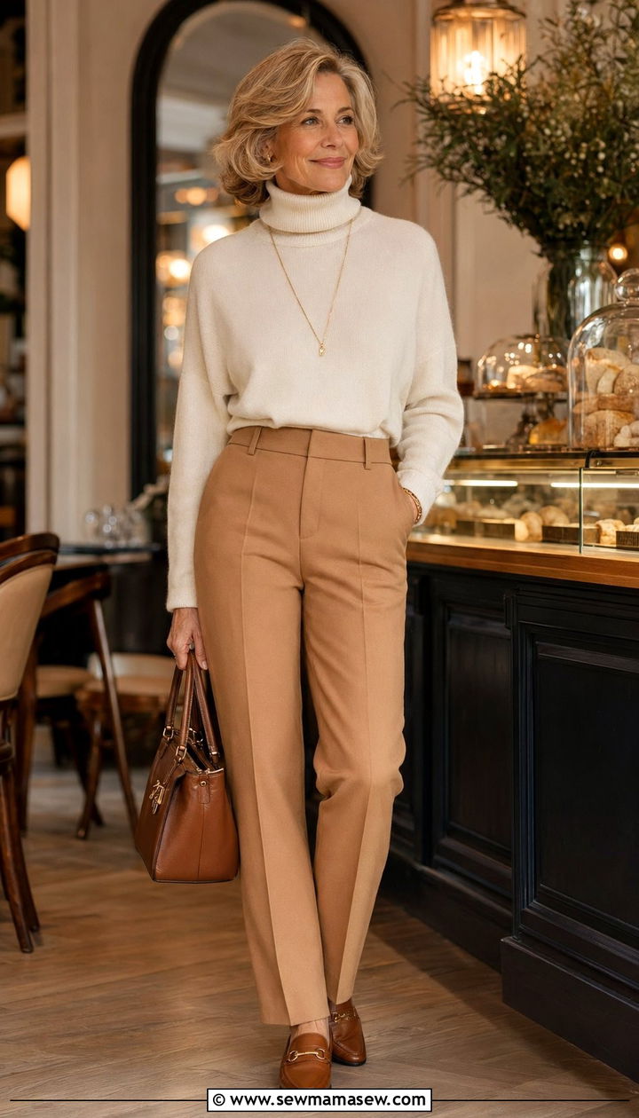 Cashmere Turtleneck With High Waisted Tailored Trousers - 35 Old money outfit ideas for women over 50