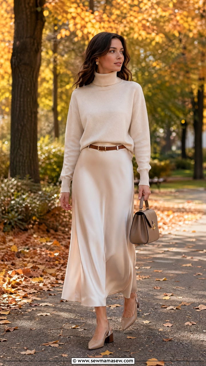 Cashmere Turtleneck With Satin Maxi Skirt And Slingbacks - 35 classy elegant outfits