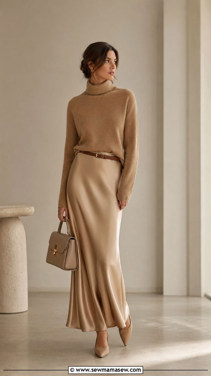 Cashmere Turtleneck and Satin Maxi Skirt Outfit - 35 Quiet luxury work outfits
